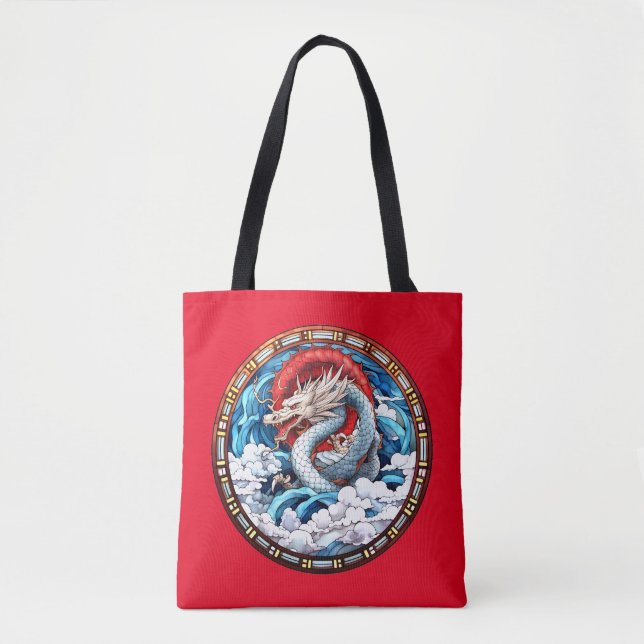 Bolsa Tote Dragão Mítico Asiático em Vermelho e Azul (Frente)
