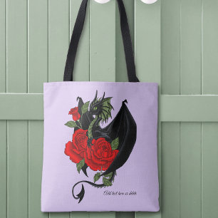 Bolsa Tote Dragão preto Rosas Vermelhas Lavanda