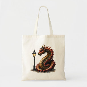 Bolsa Tote Dragão Steampunk próximo a uma lâmpada de rua vint