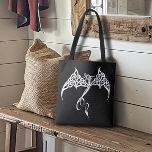 Bolsa Tote Dragão Tribal Celta com Entrelaçamento Preto Branc