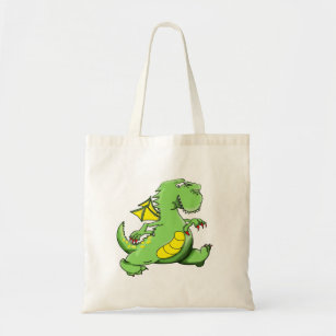 Bolsa Tote Dragão verde de desenho animado andando de costas
