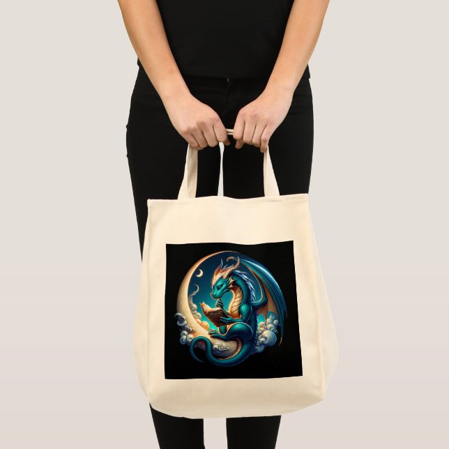 Bolsa Tote Dragon Bookworm, Leitura à Lua (Frente (produto))