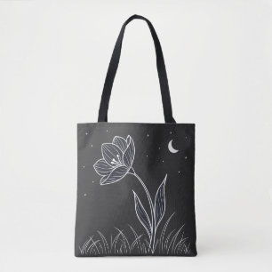 Bolsa Tote Dreamy Moonlit Flower Line Art com estrelas