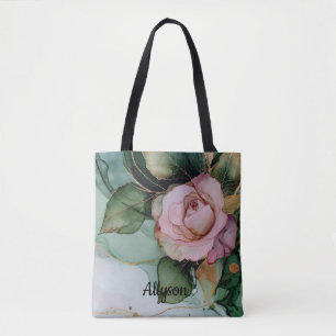 Bolsa Tote Ducha de noiva floral rosa cor-de-rosa dourada rom