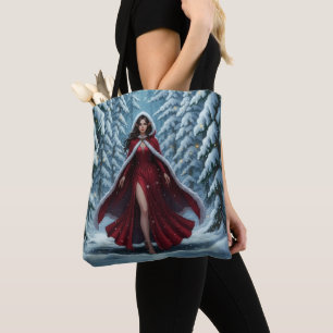 Bolsa Tote Duende de Natal Vermelho na Floresta Invernal Neva