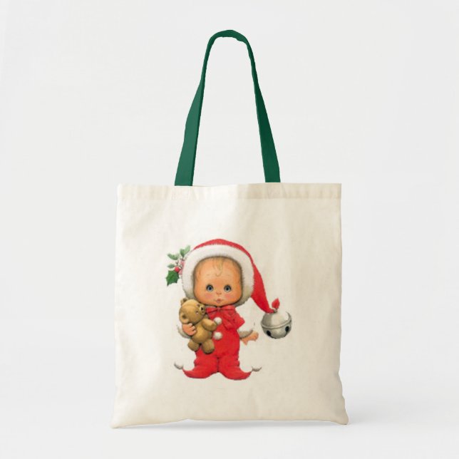 Bolsa Tote Duende e ursinho do bebê do Natal (Frente)
