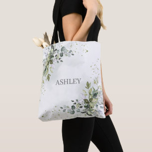 Bolsa Tote Dusty Blue Watercolor Nome verde Monograma