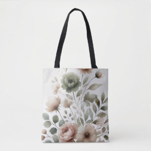 Bolsa Tote Dusty Olive & Pink Watercolor Casamento Floral