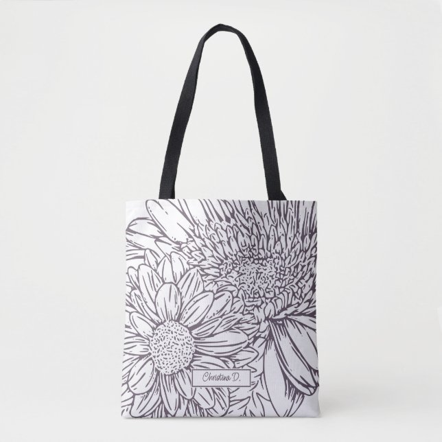 Bolsa Tote Dusty Plum Chrysanthemums Line Drawing with Name (Frente)