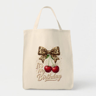 Bolsa Tote É Meu Aniversário Laço Coquete de Onça Cereja Fofa