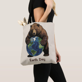 Bolsa Tote Earth Day Bear Hugging Planet Design