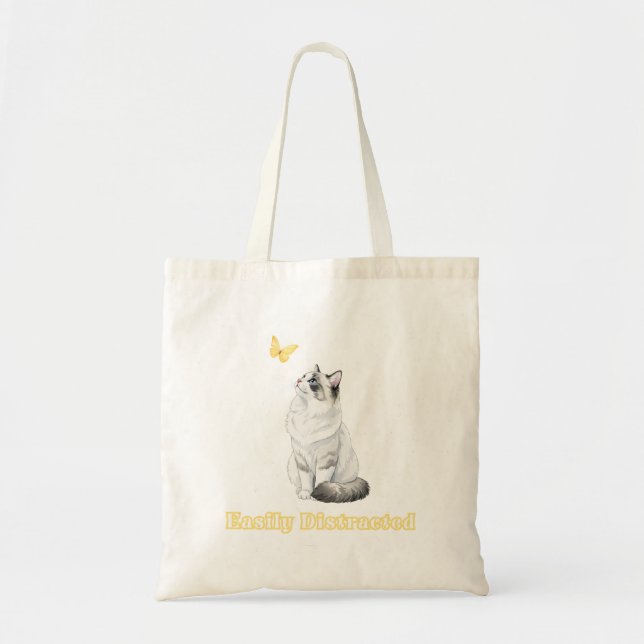 Bolsa Tote Easily Distracted Cute Cat & Butterfly Design (Frente)