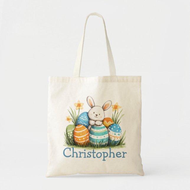 Bolsa Tote Easter Kids Name Boys Bunny Rabbit (Frente)
