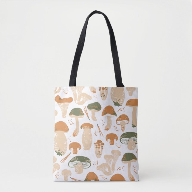 Bolsa Tote Edible Mushrooms seamless pattern. Linocut old sty (Frente)