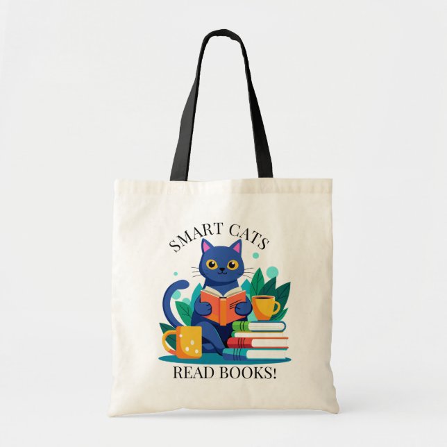 Bolsa Tote Editar Nome Texto Smart Cats Ler Livros Inspire (Frente)