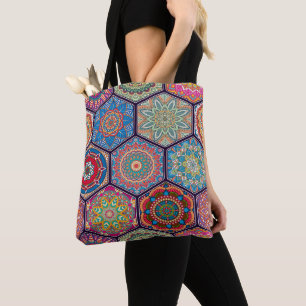 Bolsa Tote Edredão sextavada floral colorida exótica Hexie