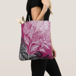 Bolsa Tote Efeito de Renda Floral Folha Fúcsia, Preto e Branc