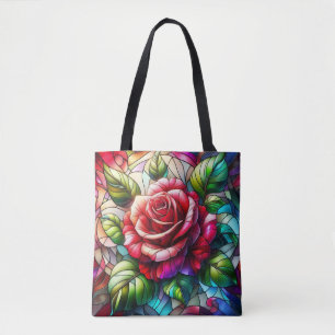 Bolsa Tote Efeito de Vitral de Rosa com Design Floral Elegant