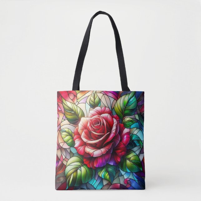 Bolsa Tote Efeito de Vitral de Rosa com Design Floral Elegant (Frente)