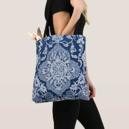Bolsa Tote Efeito Lace Elegante Floral em Azul e Branco