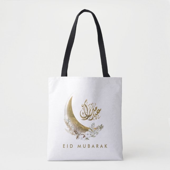 Bolsa Tote Eid Mubarak | Caligrafia árabe | Lua Dourada (Frente)