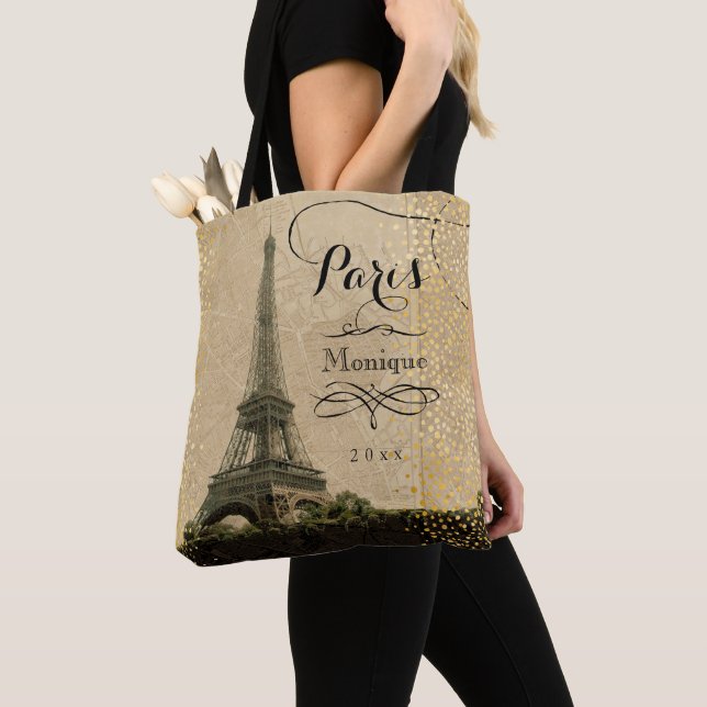 Bolsa Tote Eiffel Tower Paris Beige Faux Nome do Monograma Do (Close Up)
