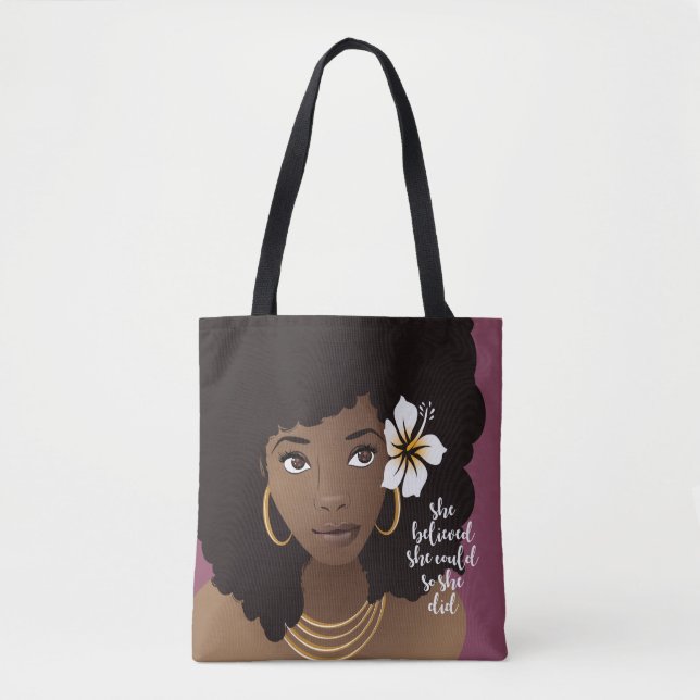 Bolsa Tote Ela Acreditava Que Podia, Mulher Negra, Flor Roxo (Frente)