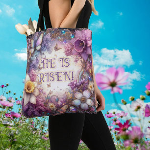 Bolsa Tote Ele É Risen Butterflies Páscoa Floral Roxo