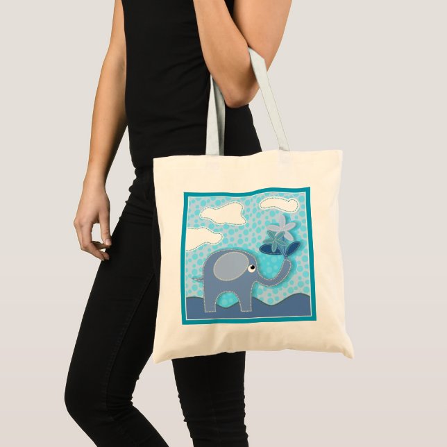 Bolsa Tote Elefante Azul Bebê e Flores (Frente (produto))