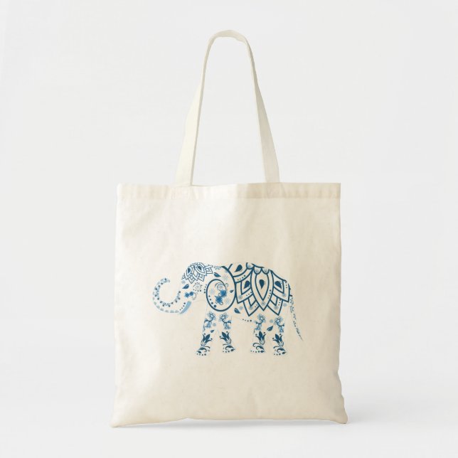 Bolsa Tote Elefante Azul com Padrão Ornamentado (Frente)