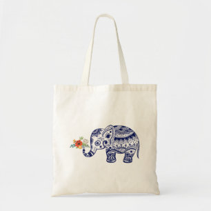 Bolsa Tote Elefante Azul Cuto Trazendo Flores Coloridas