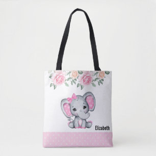 Bolsa Tote Elefante-bebê rosa-branca e borda-Rosa