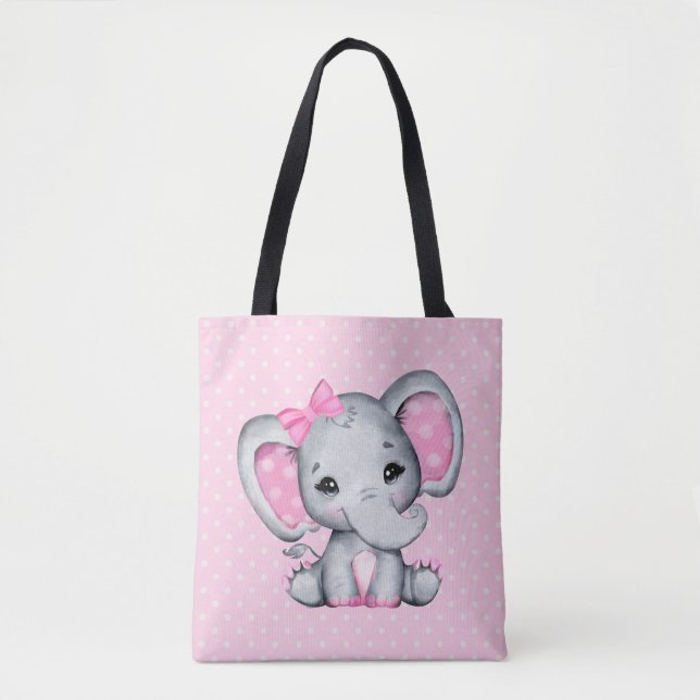 Bolsa Tote Elefante-bebê rosa-claro com orelhas-Bolinhas (Frente)