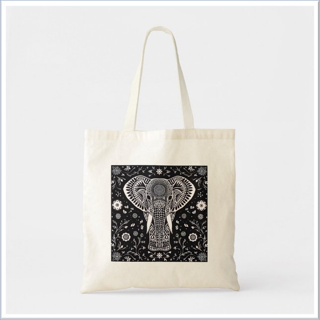 Bolsa Tote Elefante Boho Preto e Branco em Batik (Criador carregado)