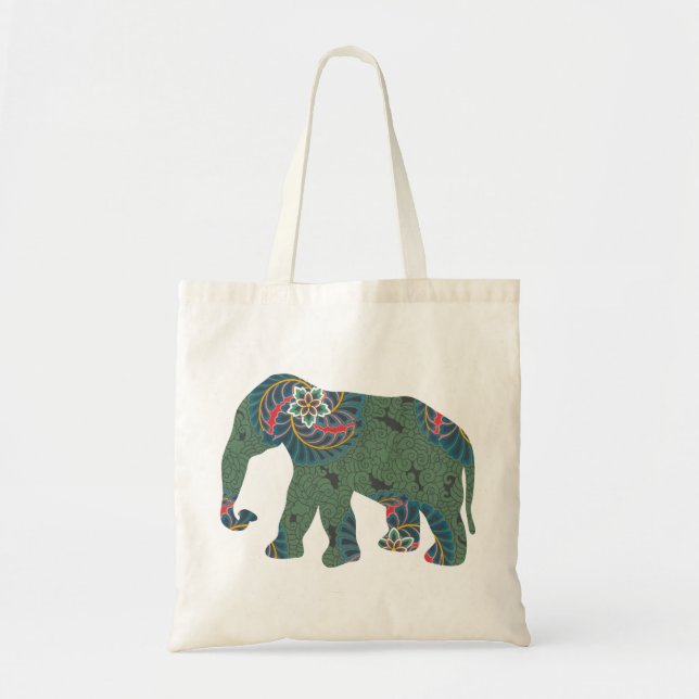 Bolsa Tote Elefante com teste padrão floral oriental (Frente)