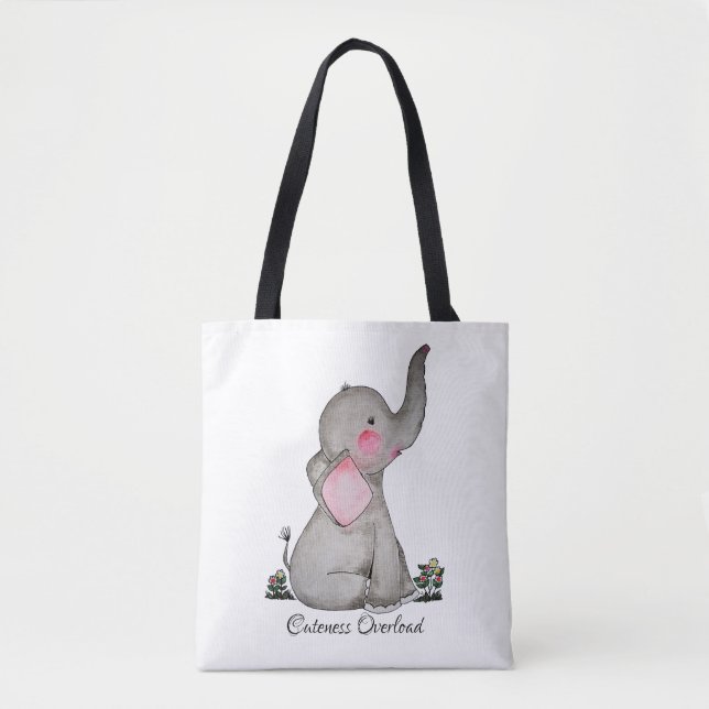 Bolsa Tote Elefante De Bebê Cuta De Aquarela Com Blush E Flor (Frente)