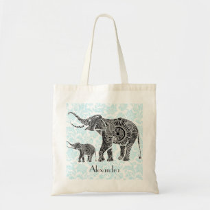 Bolsa Tote Elefante de espiral de Ornamentado preto e azul -