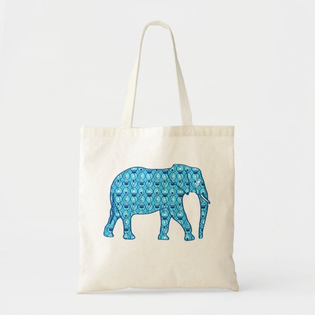 Bolsa Tote Elefante de Flor de Lotus, Turquesa e Branco (Frente)