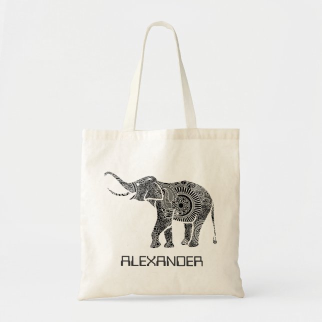 Bolsa Tote Elefante de giro preto e branco - Texto personaliz (Frente)