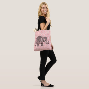 Bolsa Tote Elefante De Paisley Preto Em Damascos Rosa