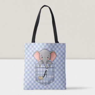 Bolsa Tote Elefante Fofo Espiando do Bolso de Xadrez