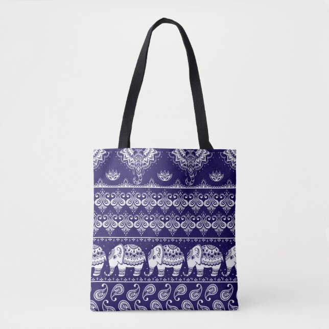 Bolsa Tote Elefante, paisley: padrão de colheita tribal. (Frente)