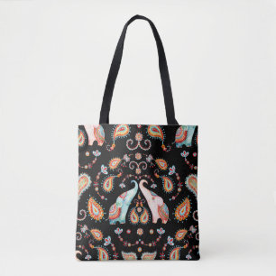 Bolsa Tote Elefante Tribal: Padrão de Paisley de Watercolor.