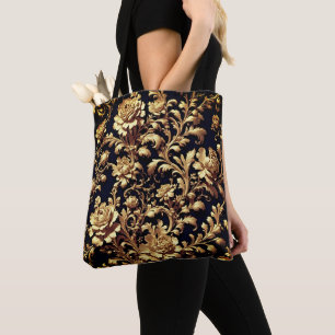Bolsa Tote Elegância Barroca: Saco Floral Negro e Dourado
