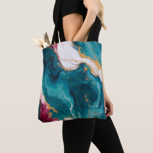 Bolsa Tote Elegância de Mármore Azul-turquesa e Carmesim