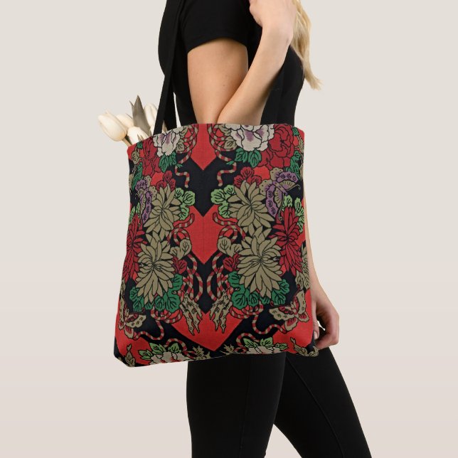 Bolsa Tote Elegância do carregar com Floral Red Japonês Vinta (Close Up)