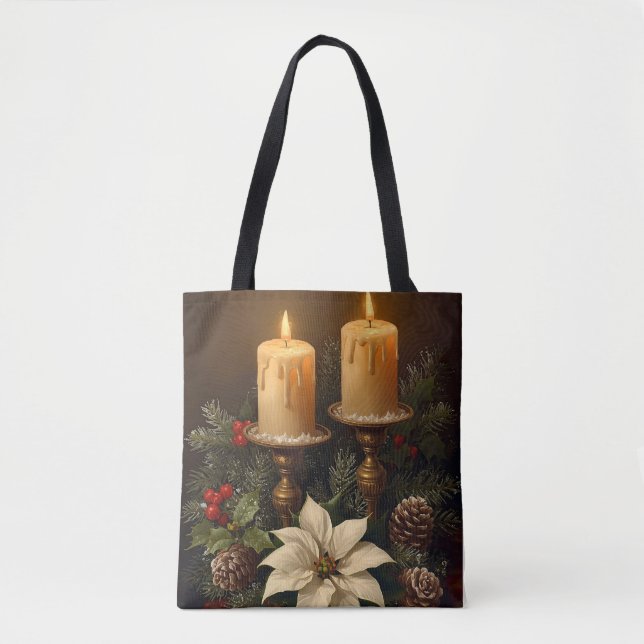 Bolsa Tote Elegant candle holly pine warm festive christmas (Frente)