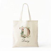 Elegant Gold Floral Letter D Monogram Tote Bag