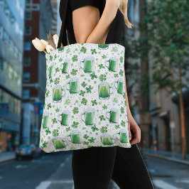 Bolsa Tote Elegant Green Beer Mugs and Shamrocks White