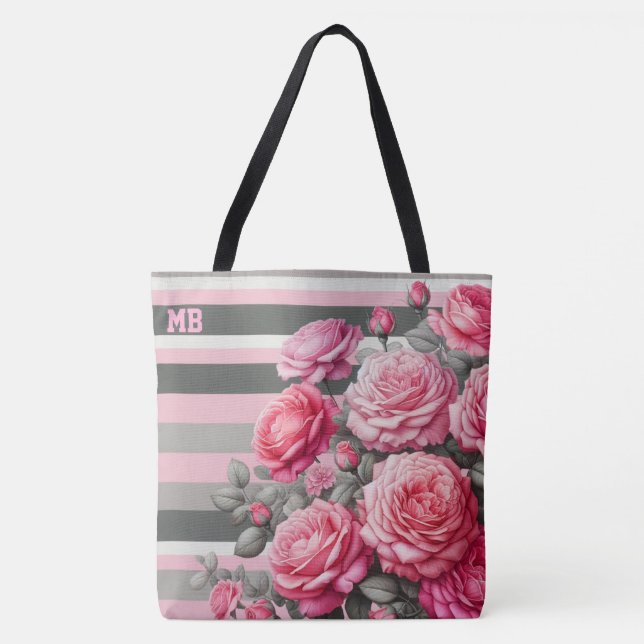Bolsa Tote Elegant Striped Pink and Grey with Roses (Frente)
